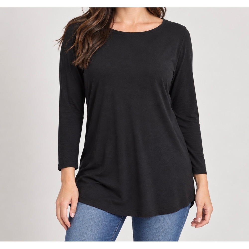 Bobbie Brooks Top Women L Black Long Sleeve Crew Neck Curved Hem Stretch Casual